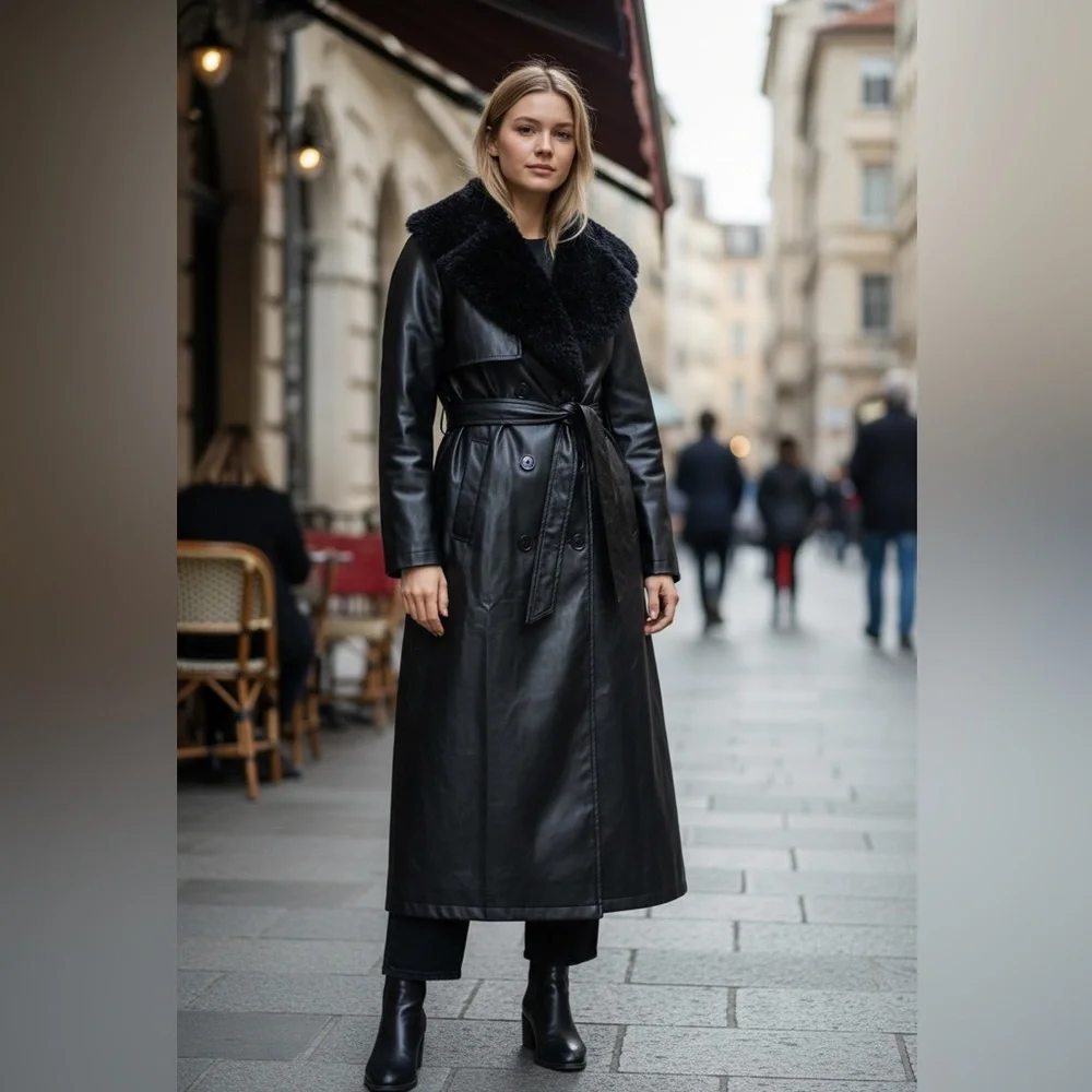 Vintage style SHEIN Black Faux Leather Long Trench Coat with Shearling Collar - Picture 17 of 17